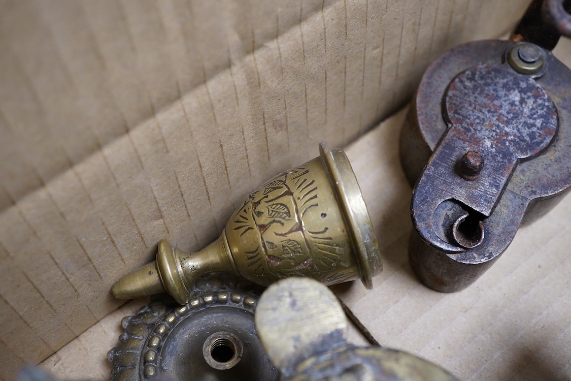 A group of small Middle Eastern mixed metalware lamps, burners etc